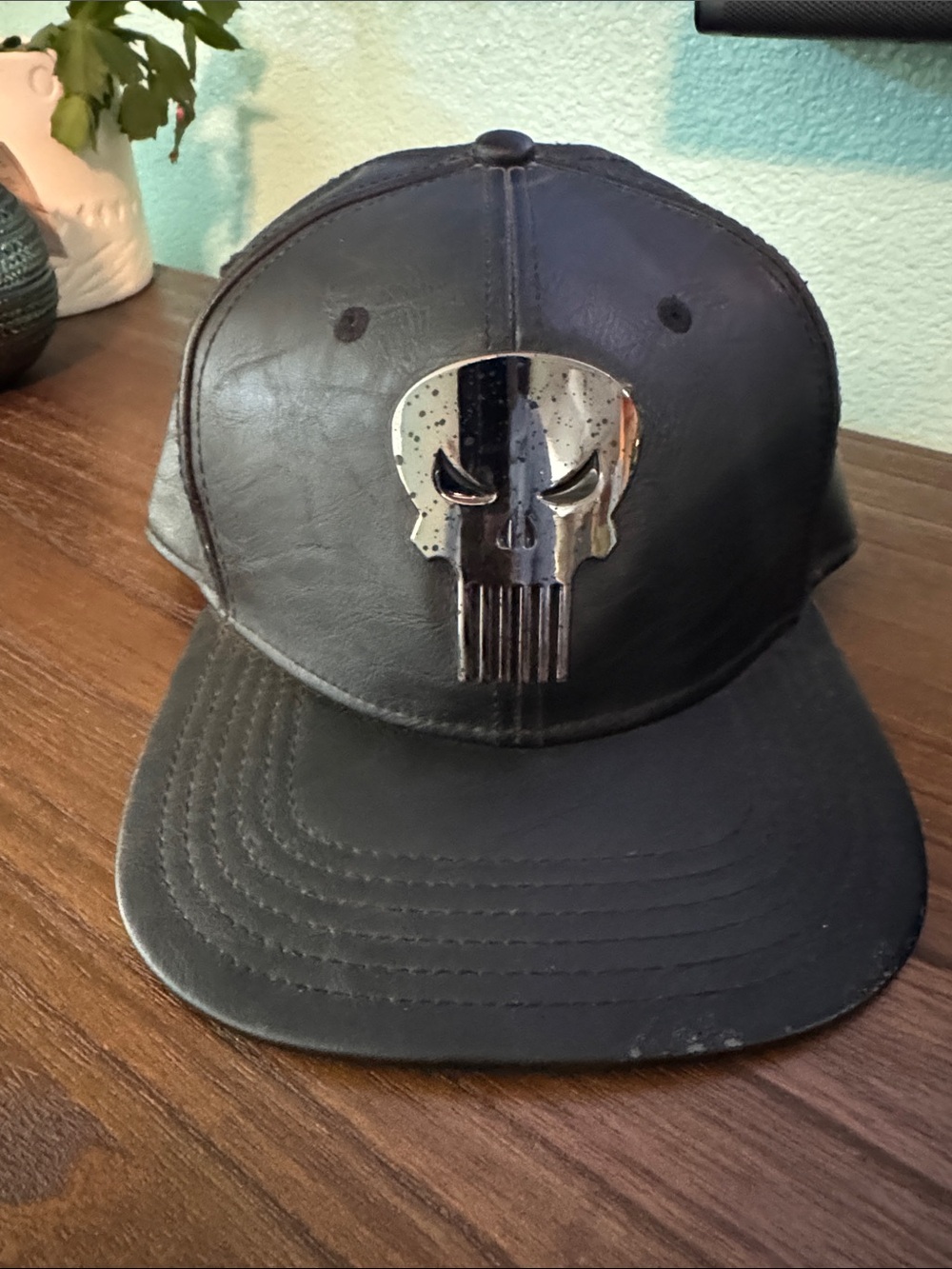 Marvel Black Faux Leather Snapback Hat with Silver Punisher Skull